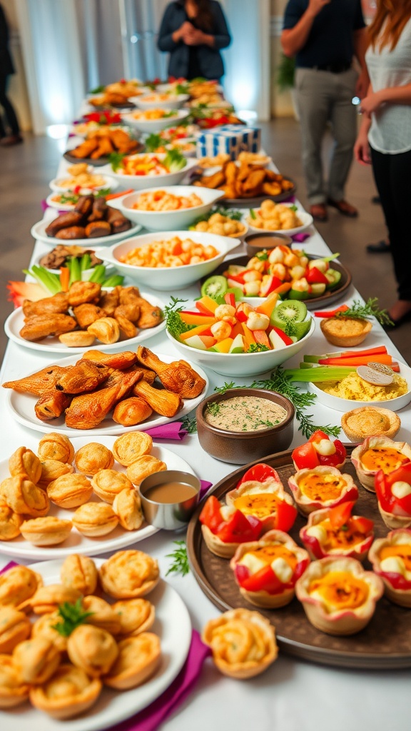 A colorful table filled with various appetizers for a crowd, including chicken wings, shrimp cocktail, mini quiches, and vegetables.